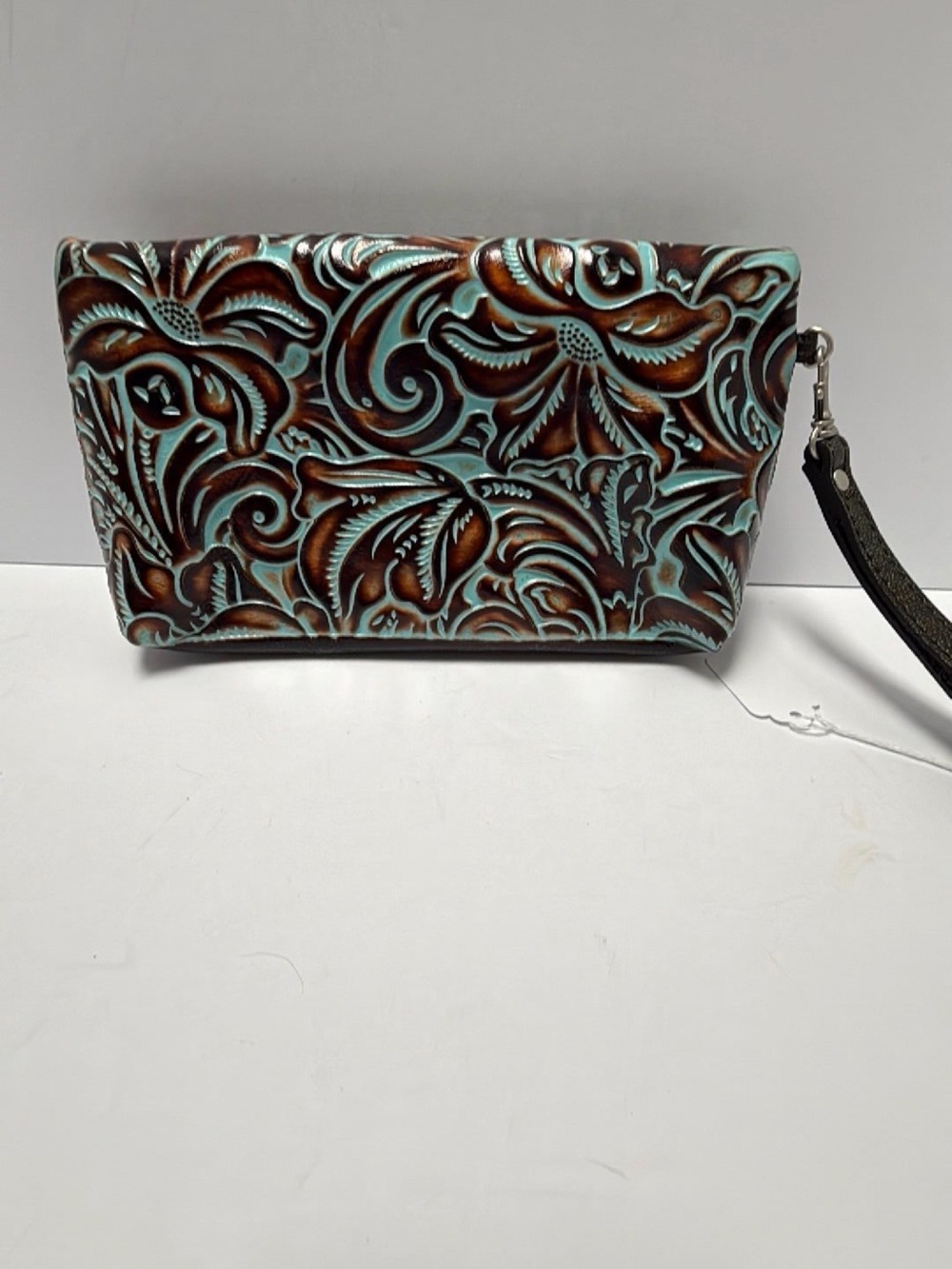 Patricia Nash Turquoise and Brown Tooled Floral Wristlet